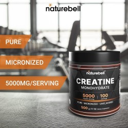 NatureBell Monohidrato de creatina en polvo de 17.64 oz, 5000 mg por porción, polvo de creatina pura sin sabor - micronizado -