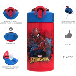 Botella de agua Zak Designs con diseño del Hombre Araña, cubierta para boquilla y bucle de transporte integrado, de plástico, a