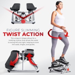 Mini stepper Sunny para ejercicio en casa, cardio de cuerpo completo con bandas de resistencia y app SunnyFit opcional.