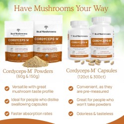 Real Mushrooms Cordyceps orgánico en cápsulas, energía y rendimiento con beta-glucanos, vegano y sin OGM, 300 cápsulas.