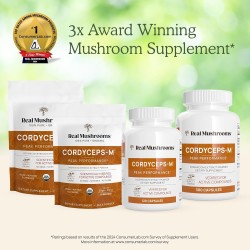 Real Mushrooms Cordyceps orgánico en cápsulas, energía y rendimiento con beta-glucanos, vegano y sin OGM, 300 cápsulas.