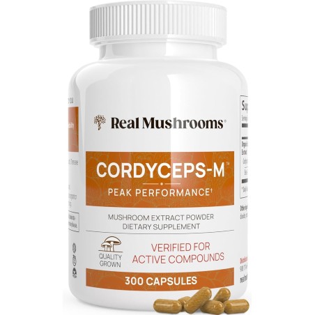 Real Mushrooms Cordyceps orgánico en cápsulas, energía y rendimiento con beta-glucanos, vegano y sin OGM, 300 cápsulas.