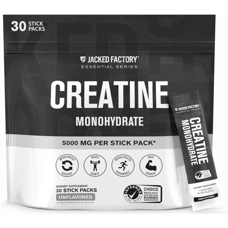 Paquetes de monohidrato de creatina Jacked Factory suplemento diario creatina 0.18 onzas unisex apto para veganos 30 porciones Paquetes de monohidrato de creatina Jacked Factory suplemento diario creatina 0.18 onzas unisex apto para veganos 30 porciones