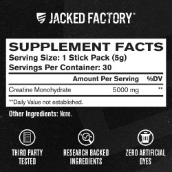 Paquetes de monohidrato de creatina Jacked Factory  suplemento diario creatina 0.18 onzas unisex apto para veganos 30 porciones