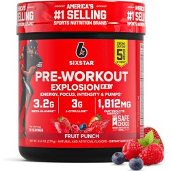 Six Star preentrenamiento Explosion 2.0, Fruit Punch, con beta-alanina y cafeína, 30 porciones para energía y rendimiento.
