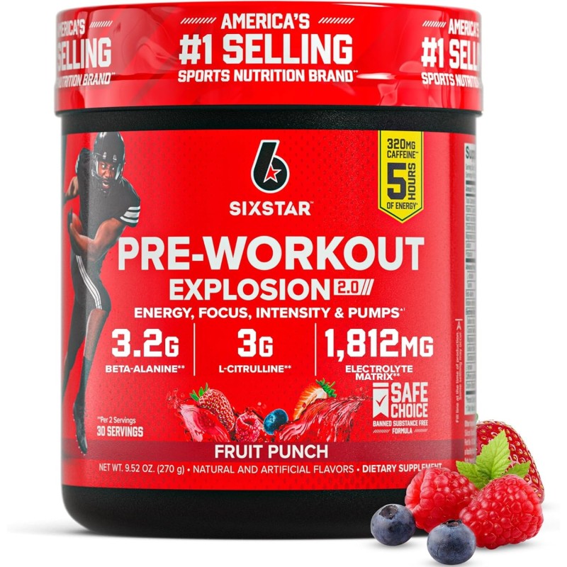 Six Star preentrenamiento Explosion 2.0, Fruit Punch, con beta-alanina y cafeína, 30 porciones para energía y rendimiento. Six Star preentrenamiento Explosion 2.0, Fruit Punch, con beta-alanina y cafeína, 30 porciones para energía y rendimiento.