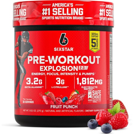 Six Star preentrenamiento Explosion 2.0, Fruit Punch, con beta-alanina y cafeína, 30 porciones para energía y rendimiento.