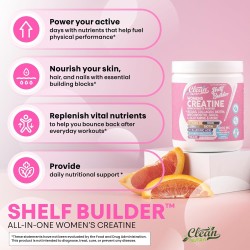 Creatina para mujer con BCAA, colágeno, biotina, ácido hialurónico, vitaminas y minerales. Rendimiento, belleza y digestión.
