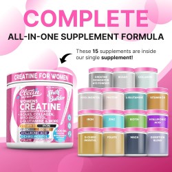 Creatina para mujer con BCAA, colágeno, biotina, ácido hialurónico, vitaminas y minerales. Rendimiento, belleza y digestión.