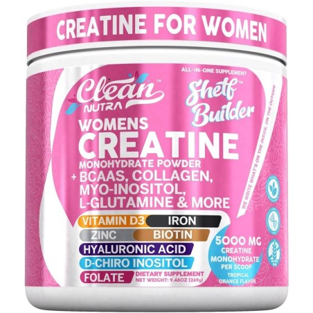 Creatina para mujer con BCAA, colágeno, biotina, ácido hialurónico, vitaminas y minerales. Rendimiento, belleza y digestión.