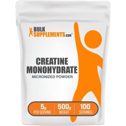 BulkSupplements creatina monohidrato pura 99.99%, polvo micronizado para energía, fuerza y rendimiento pre y post entrenamiento.