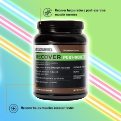 Suplemento post-entreno con proteína whey, BCAA y granada para recuperación muscular. Sabor chocolate.