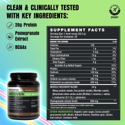 Suplemento post-entreno con proteína whey, BCAA y granada para recuperación muscular. Sabor chocolate.