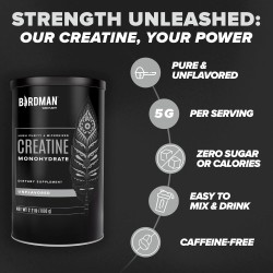 Creatina micronizada BIRDMAN: vegana, sin azúcar, sin gluten ni cafeína. 200 porciones para fuerza y recuperación muscular.