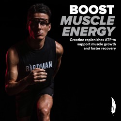 Creatina micronizada BIRDMAN: vegana, sin azúcar, sin gluten ni cafeína. 200 porciones para fuerza y recuperación muscular.