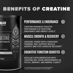 Creatina micronizada BIRDMAN: vegana, sin azúcar, sin gluten ni cafeína. 200 porciones para fuerza y recuperación muscular.