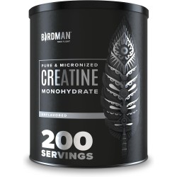 Creatina micronizada BIRDMAN: vegana, sin azúcar, sin gluten ni cafeína. 200 porciones para fuerza y recuperación muscular.