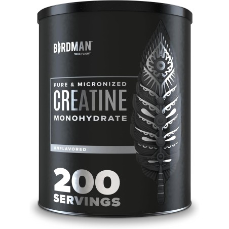 Creatina micronizada BIRDMAN: vegana, sin azúcar, sin gluten ni cafeína. 200 porciones para fuerza y recuperación muscular.