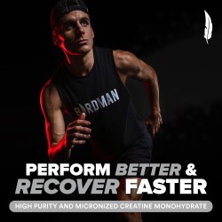 Creatina micronizada BIRDMAN: vegana, sin azúcar, sin gluten ni cafeína. 200 porciones para fuerza y recuperación muscular.