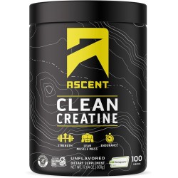 Ascent Creatina Creapure: sin sabor, limpia y pura. 100 porciones de 0.18 oz para fuerza y rendimiento muscular.