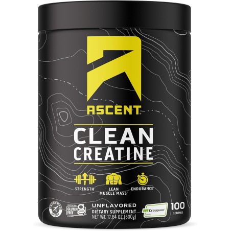 Ascent Creatina Creapure: sin sabor, limpia y pura. 100 porciones de 0.18 oz para fuerza y rendimiento muscular.