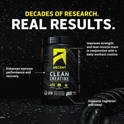 Ascent Creatina Creapure: sin sabor, limpia y pura. 100 porciones de 0.18 oz para fuerza y rendimiento muscular.
