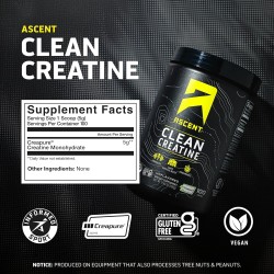 Ascent Creatina Creapure: sin sabor, limpia y pura. 100 porciones de 0.18 oz para fuerza y rendimiento muscular.