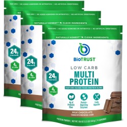 BioTrust Proteína: suero y caseína de vacas alimentadas con pasto. Sin gluten, soya, hormonas ni OMG. Sabor chocolate.