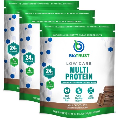 BioTrust Proteína: suero y caseína de vacas alimentadas con pasto. Sin gluten, soya, hormonas ni OMG. Sabor chocolate.