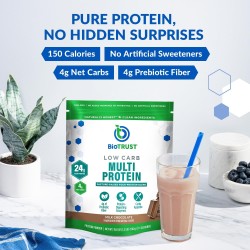 BioTrust Proteína: suero y caseína de vacas alimentadas con pasto. Sin gluten, soya, hormonas ni OMG. Sabor chocolate.