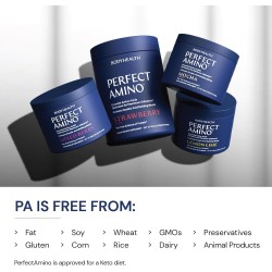 BodyHealth PerfectAmino: BCAA + EAA para músculo magro y recuperación. Pre/post entrenamiento. Sabor fresa. 30 porciones.