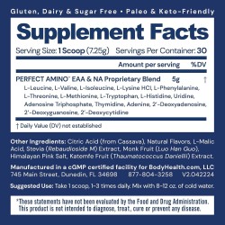 BodyHealth PerfectAmino: BCAA + EAA para músculo magro y recuperación. Pre/post entrenamiento. Sabor fresa. 30 porciones.