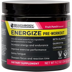 BODi Energize: pre-entreno con beta-alanina, quercetina y cafeína. Mejora energía, enfoque y resistencia. Sabor ponche.