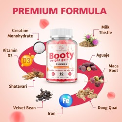 Booty Gummies para Mujeres con CurvaBoost y Creatina | Veganas, sin azúcar, sabor durazno, 60 gomitas para glúteos y curvas