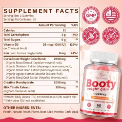 Booty Gummies para Mujeres con CurvaBoost y Creatina | Veganas, sin azúcar, sabor durazno, 60 gomitas para glúteos y curvas