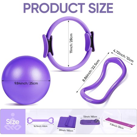 Ensemble Kit Pilates 5 Pièces Lates - Anneau Double Poignée, Balle, Bande Résistance, Ceinture Étirement, Tapis Yoga Femme