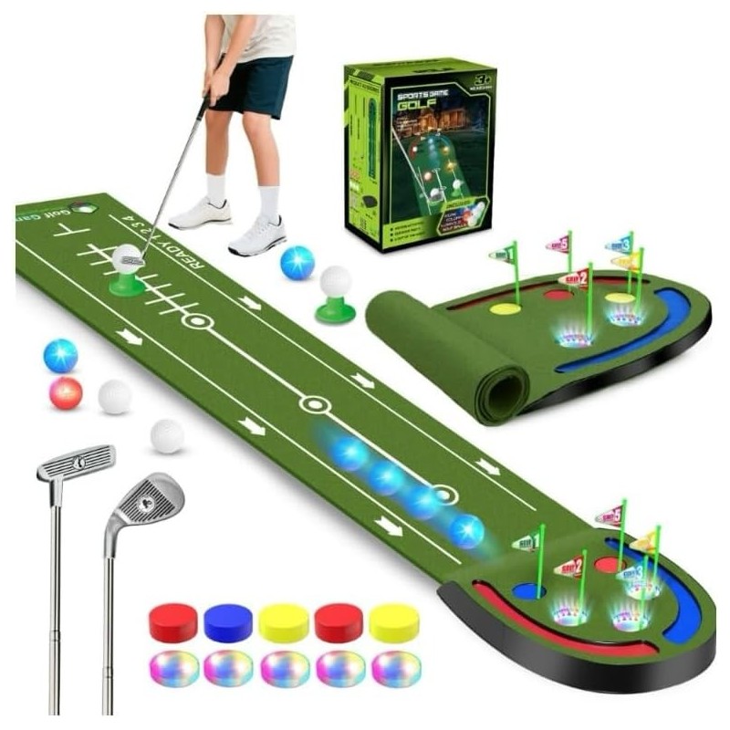 Alfombrilla de golf | Con luces LED, Palos y pelotas de golf incluidos
