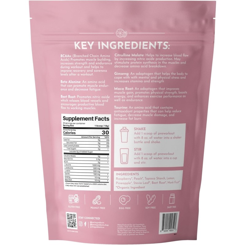 Preentrenamiento marca JUST INGREDIENTS Limonada de frambuesa | 30 raciones | Sin cafeína Preentrenamiento marca JUST INGREDIENTS Limonada de frambuesa | 30 raciones | Sin cafeína