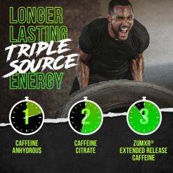 polvo pre entrenamiento beta alanina, L-taurina y 356 mg de cafeína de tres fuentes para energía sostenid