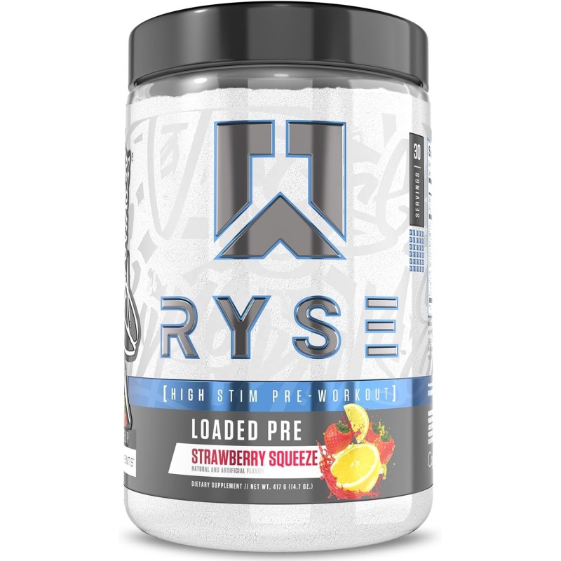 Polvo de preentrenamiento marca RYSE up sabor Strawberry Squeeze